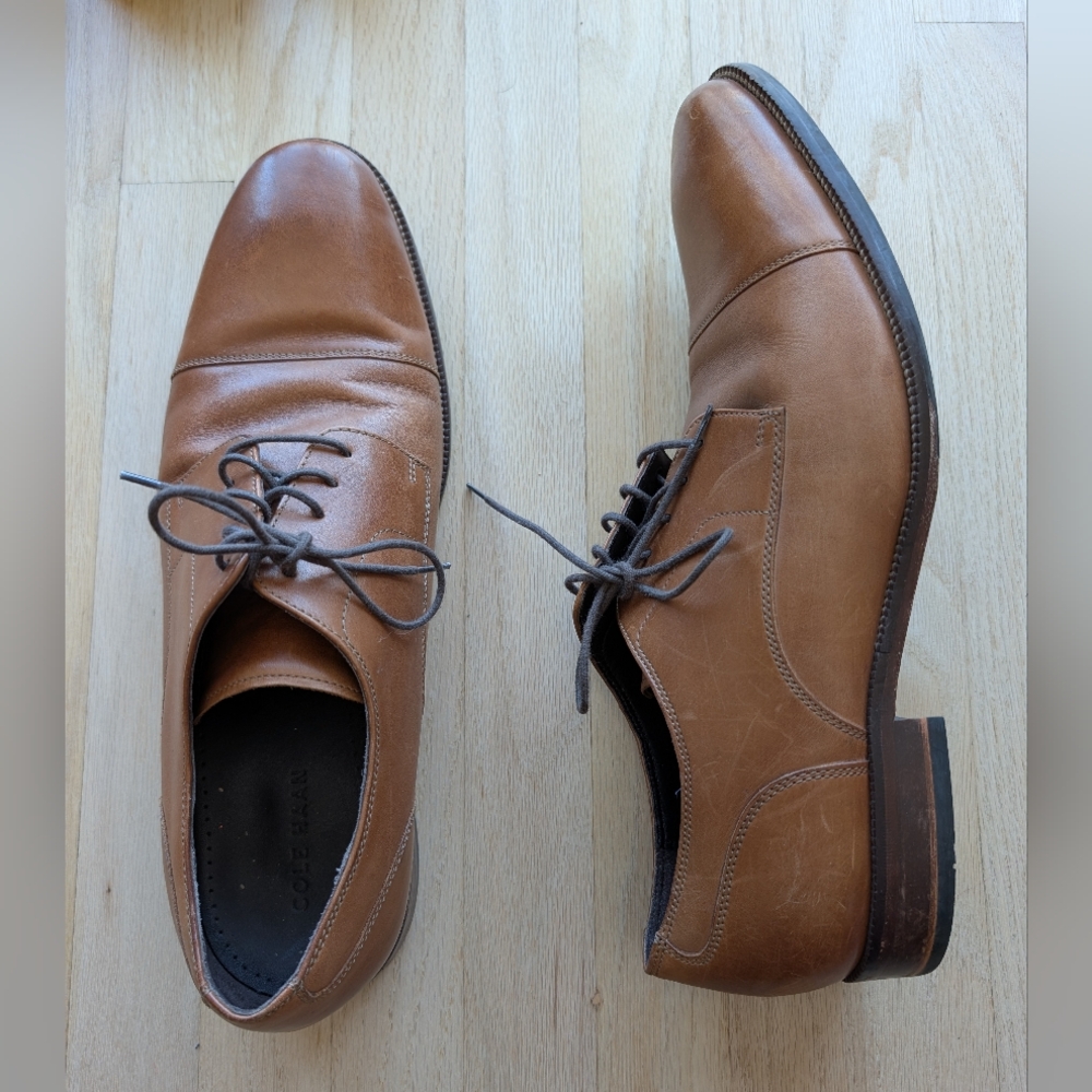 Cole Haan Brown Cognac Leather Oxfords, Tie Up Dress Shoes (Size 13)